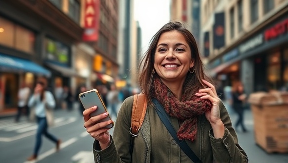 An empowering image of a solo female traveler confidently navigating a bustling city street while using the SheRoam Safe app on her smartphone, highlighting safety and independence for women on the go.