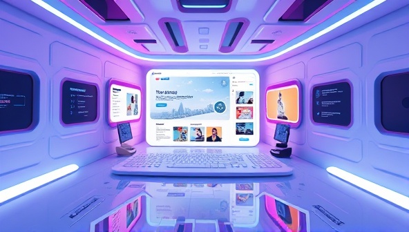 An immersive virtual reality environment showcasing a website prototype in 3D space, with interactive elements and design features that users can explore and interact with, illustrating the innovative and futuristic approach to web design prototyping.