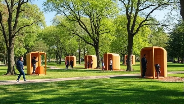 An idyllic park setting with several EcoFit Pods scattered among trees and greenery, with people of diverse backgrounds and ages actively using the pods, enjoying the outdoors and contributing to a sustainable fitness community.