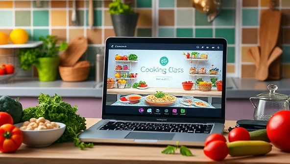 A colorful kitchen scene with various fresh ingredients, cooking utensils, and a laptop displaying a live virtual cooking class, showcasing a vibrant and interactive culinary experience.