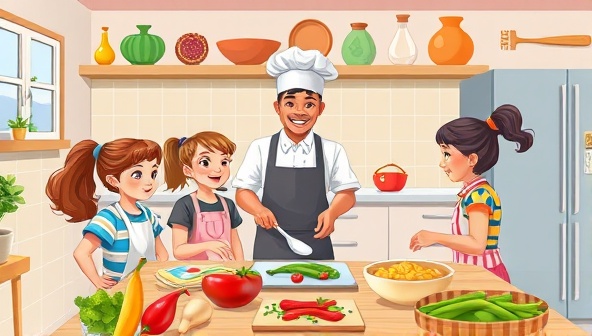 An engaging virtual cooking class setting with colorful ingredients and kitchen utensils, a cheerful chef guiding a group of enthusiastic children through a fun recipe, fostering a sense of learning and joy in the kitchen.