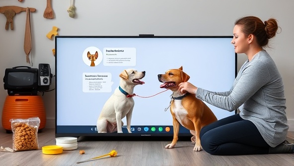 A professional pet trainer conducting a virtual training session with a well-behaved dog, demonstrating positive reinforcement techniques and obedience commands through an online platform, surrounded by pet training props and treats, creating a harmonious and educational pet training environment.
