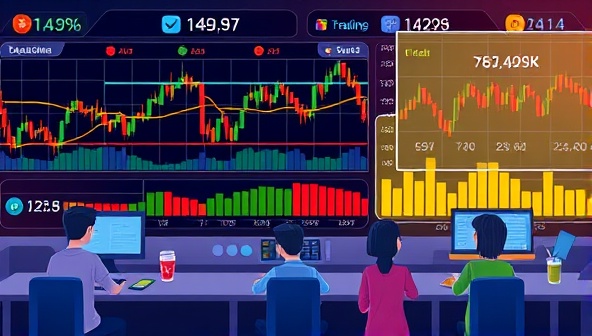 An illustrative representation of a virtual stock market interface with colorful stock charts, trading buttons, and user avatars engaging in virtual trading activities, conveying the gamified and educational aspects of the platform in a visually appealing manner.