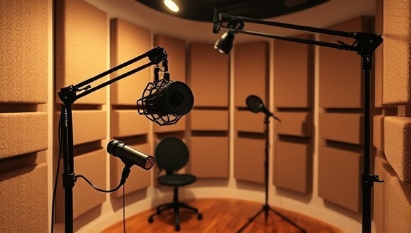 A professional podcast studio setup with recording equipment, soundproofing panels, and a microphone, creating a visually appealing and inviting space for podcasters to enhance their audio content.