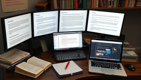 An editor's desk setup with multiple screens displaying writing samples, a red pen for annotations, and a laptop with editing software open, surrounded by literary magazines and reference books, creating a professional and focused environment for portfolio reviews.
