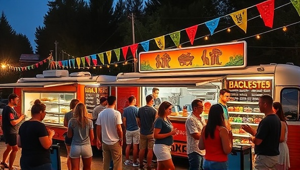 A vibrant and bustling food truck scene with customers mingling around, enjoying their customized fusion dishes, with colorful flags and banners fluttering in the background, creating a festive and inviting atmosphere.