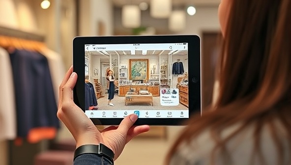 A virtual tour guide holding a tablet, showcasing an interactive virtual tour of a local boutique, with customers engaging in a live Q&A session with the shop owner, creating a dynamic and immersive online experience.