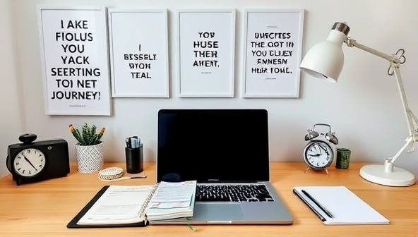 A motivating home office setup featuring a desk with a laptop, planner, motivational quotes, and a timer, symbolizing focus and productivity in the entrepreneurial journey, reflecting the essence of Prodige Coach's remote productivity coaching services.