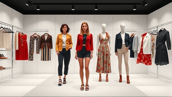 A virtual fashion showroom interface showcasing a range of stylish outfits, accessories, and designer pieces for users to virtually try on and mix-and-match, creating a dynamic and interactive shopping experience in a digital fashion world.