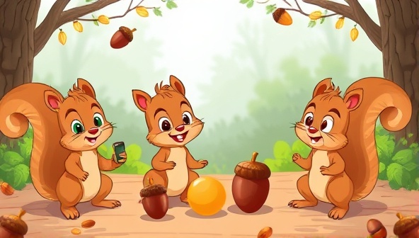 An animated scene of cute cartoon squirrels engaging in various financial activities like saving acorns, setting goals, and earning rewards, creating a playful and educational atmosphere for children using the app.