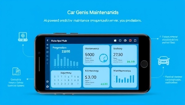 An illustrative depiction of the AutoGenius Diagnostic Hub platform displaying vehicle diagnostic data, maintenance alerts, and personalized service recommendations on a mobile device screen, highlighting the AI-powered predictive maintenance capabilities and user-friendly interface for car owners and service providers.