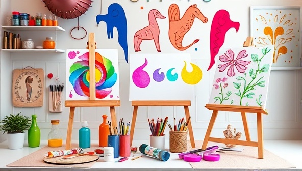 A digital art studio setup with colorful paints, brushes, crafting materials, and artistic creations displayed on virtual easels, inspiring creativity and artistic exploration in a vibrant and interactive online environment.