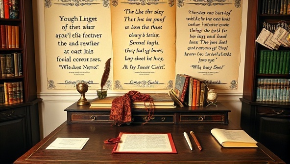 An elegant writing desk adorned with books, quills, inkwells, and parchment, surrounded by inspirational quotes and imagery of famous literary figures, creating a serene and inspiring space for writers seeking guidance and creativity.