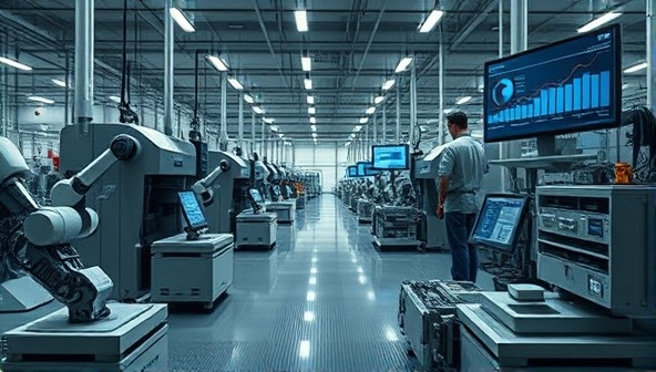 A futuristic factory floor with robots working alongside human operators, interconnected machines, and data analytics dashboards displaying real-time production metrics, illustrating the concept of smart factory automation.