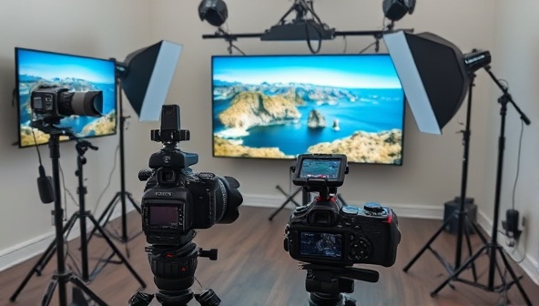 A virtual photography studio setup with professional cameras, lighting equipment, and travel photos displayed on a digital screen, creating an inspiring and creative atmosphere for the virtual photography masterclasses.
