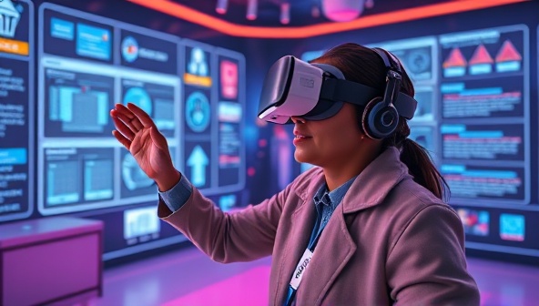 An immersive VR environment showcasing a policyholder exploring their insurance coverage and benefits in a virtual space, interacting with visual representations of risks, coverage limits, and policy terms, creating a futuristic and educational insurance visualization experience through VR PolicyView.