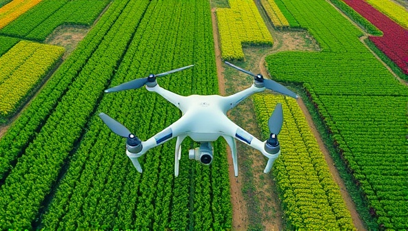 An aerial view captured by a drone showing lush green farmlands with colorful crop patterns, illustrating the potential of drone-based agricultural monitoring in optimizing crop growth and yield.