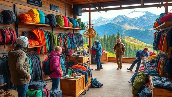 An outdoor adventure hub showcasing a variety of expedition gear, hiking equipment, and travel accessories, with enthusiastic explorers trying out gear and planning their next adventure trips, surrounded by a backdrop of scenic landscapes and outdoor activities, capturing the spirit of exploration and adventure.