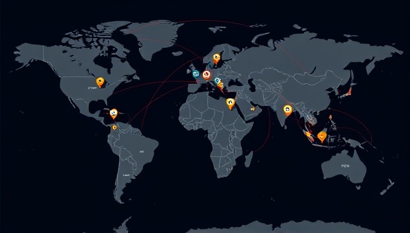 An interactive map displaying markers of freelancers from around the world, each representing a unique skill set or expertise, with connecting lines indicating project collaborations and a vibrant global gig economy ecosystem, highlighting the platform's diversity and connectivity.