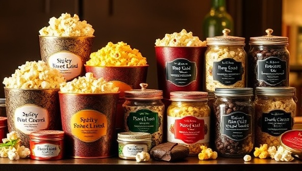 An elegant display showcasing an array of gourmet popcorn flavors in decorative tins and jars, with labels highlighting unique combinations like spicy sriracha lime and decadent dark chocolate sea salt, creating a visual feast for popcorn enthusiasts and snack connoisseurs.