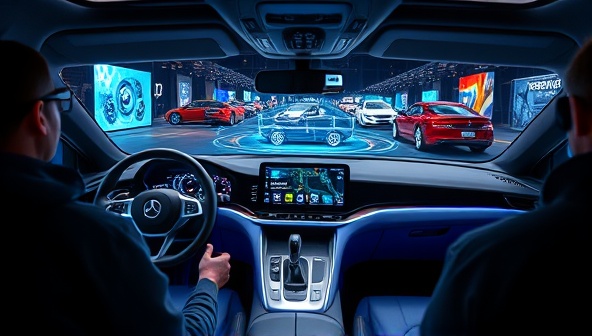 An interactive car tech playground with futuristic car displays, interactive AR dashboards, and virtual reality driving simulators, surrounded by tech enthusiasts exploring the latest automotive innovations, creating a futuristic and immersive experience.