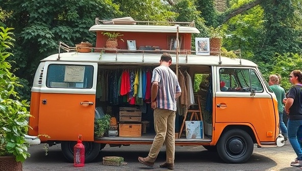 A vintage van converted into a mobile thrift store, adorned with eco-friendly decorations and surrounded by lush greenery, attracting a crowd of environmentally conscious shoppers.