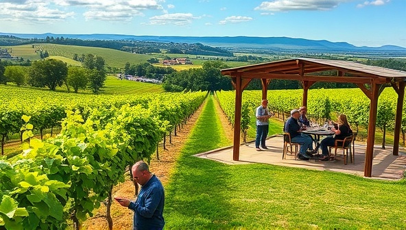 A picturesque vineyard landscape with rows of lush grapevines, a rustic wine tasting setup under a pergola, and participants enjoying wine sampling amid scenic views, symbolizing the essence of agri-tourism and vineyard experiences in a serene setting.
