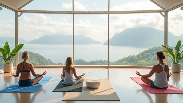 A serene digital wellness retreat setting featuring virtual yoga classes, mindfulness workshops, nutrition seminars, and relaxation sessions, with participants engaging in self-care practices, stress-relief techniques, and holistic wellness activities, capturing the tranquility and rejuvenation of SoulEscapeJourney's virtual travel wellness retreats.