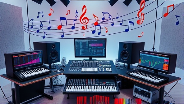 A digital music studio setup with professional audio equipment, MIDI controllers, and a mixing console, surrounded by creative music notes, sound waves, and digital music interfaces, illustrating a dynamic and collaborative music production environment.