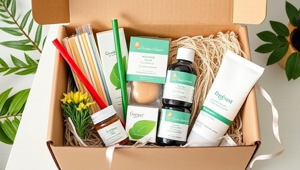 An aesthetically pleasing gift box filled with sustainable products like reusable straws, organic skincare items, and biodegradable packaging, endorsed by a popular influencer, creating a visually appealing and eco-conscious gift concept.