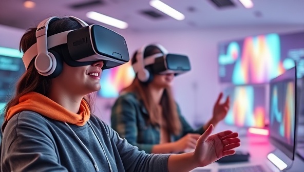 A futuristic VR design studio with clients wearing VR headsets, interacting with digital elements and creating vibrant web designs in a virtual space, conveying innovation and creativity.