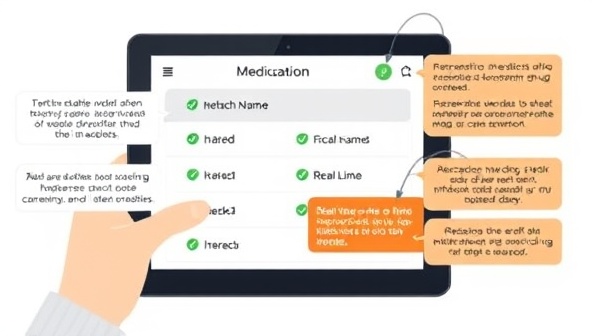 An informative digital illustration showing a user inputting medication names into the InteractRx platform on a tablet screen, with real-time alerts and notifications of potential drug interactions displayed, emphasizing the importance of safe medication management and awareness.