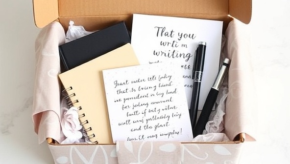 An aesthetically pleasing photograph of a beautifully designed subscription box filled with writing supplies like journals, pens, inspirational cards, and a handwritten note, evoking a sense of anticipation and creativity.