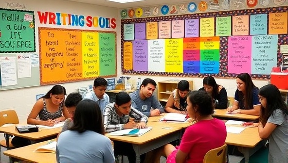 A vibrant classroom setting with a diverse group of individuals engaged in a writing exercise, surrounded by colorful posters with inspirational quotes and writing tips, fostering a dynamic and creative learning environment.