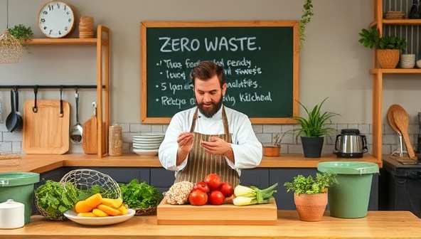 An eco-friendly kitchen setting with a chef demonstrating zero-waste cooking techniques, using fresh produce scraps to create flavorful dishes, accompanied by reusable kitchen tools, compost bins, and a chalkboard displaying sustainable cooking tips, promoting conscious culinary practices and environmental stewardship.