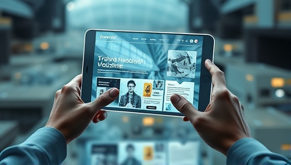 An interactive AR preview of a website design floating in a real-world setting, with hands manipulating elements like text, images, and menus, creating an engaging and futuristic visualization of AR Web Preview in action.