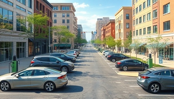 An urban streetscape featuring community-based EV charging stations integrated into public parking areas, surrounded by EVs in the charging process, illustrating a sustainable and interconnected transportation network within the community.