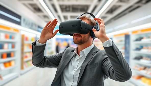An immersive virtual reality environment showcasing a digital store layout with various product placements, a business executive wearing a VR headset while adjusting virtual product displays, highlighting innovation and creativity.