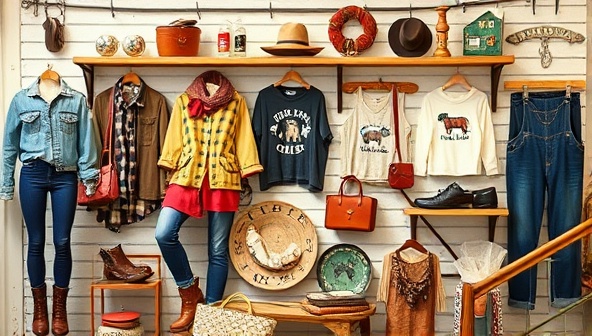 An artistic collage of stylish farm-themed clothing, accessories, and home decor items arranged in a visually appealing and trendy display, reflecting the unique and nature-inspired fashion offerings of FarmChic Collective.