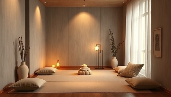 An inspiring visual of a serene meditation space with soft lighting, cushions, and soothing decor, creating a calming atmosphere for mindfulness practices and coaching sessions, symbolizing peace, focus, and inner reflection.