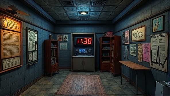An intricate digital escape room setting with hidden clues, interactive puzzles, and a countdown timer, showcasing the immersive and challenging nature of the virtual adventures.