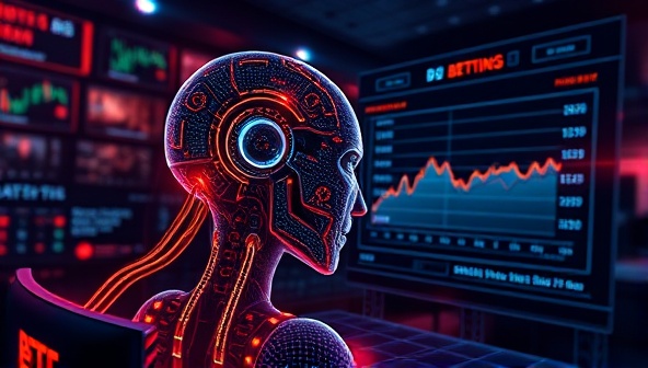 An artistic visualization of a futuristic AI processing data streams and generating betting predictions on a digital interface, highlighting the advanced technology and analytical capabilities of BetGenius AI in the betting landscape.