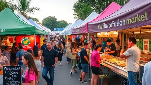 An outdoor pop-up market setting with colorful tents, bustling crowds, and a variety of food stalls offering unique dishes from different cuisines, capturing the vibrant and eclectic ambiance of FlavorFusion Market.