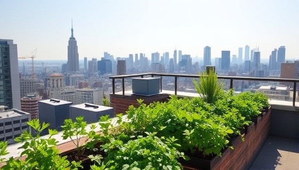 A picturesque rooftop garden overlooking a city skyline, with lush green plants and herbs thriving in the sunlight, surrounded by urban buildings, showcasing the beauty and sustainability of urban farming.