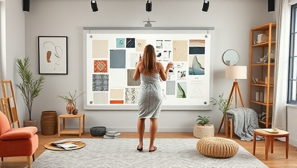 A virtual interior design studio setup with a designer creating a digital mood board, surrounded by fabric swatches, paint samples, and decor elements, reflecting the creative process and expertise in virtual interior design.