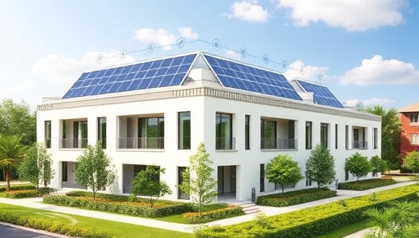 An architectural rendering showcasing a modern building with integrated solar panels on the roof and facades, surrounded by lush greenery and renewable energy symbols, illustrating the seamless blend of sustainability and architectural aesthetics in SolarScape Solutions' solar integration projects.