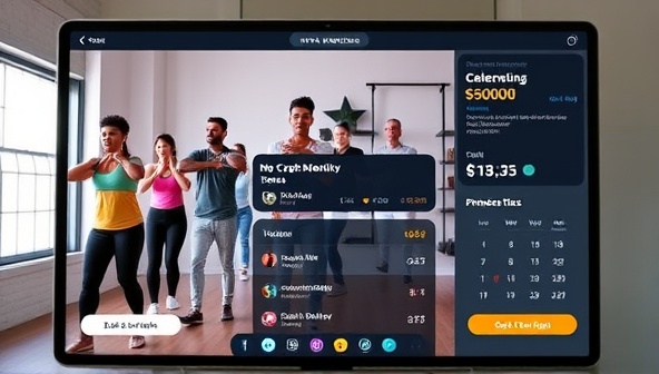 A virtual workout session screen featuring a diverse group of community members exercising together, tracking their progress, and celebrating milestones in a digital fitness challenge, promoting health, unity, and motivation within local communities.