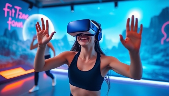 An exhilarating VR fitness session where a user wearing a VR headset is immersed in a virtual workout environment, surrounded by futuristic landscapes and engaging in a high-energy fitness routine, showcasing the excitement and immersion of the VR FitZone experience.
