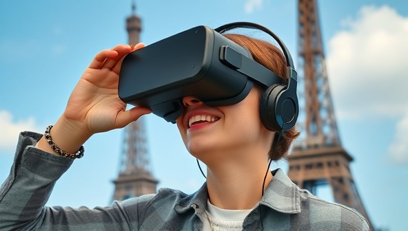 An individual wearing a VR headset, exploring a digital replica of the Eiffel Tower with awe and excitement, showcasing the immersive and captivating nature of virtual travel adventures.