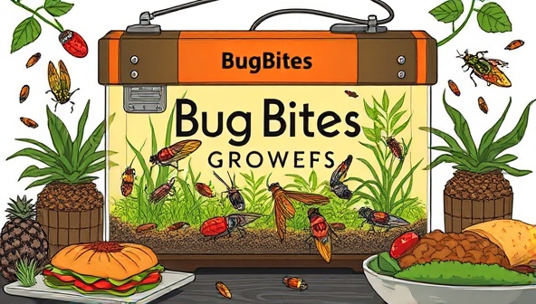 An artistic illustration of a BugBites Growers insect farming kit, showcasing a variety of edible insect species crawling in a vibrant terrarium setup, surrounded by insect-inspired culinary dishes and ingredients, sparking curiosity and sustainability awareness.